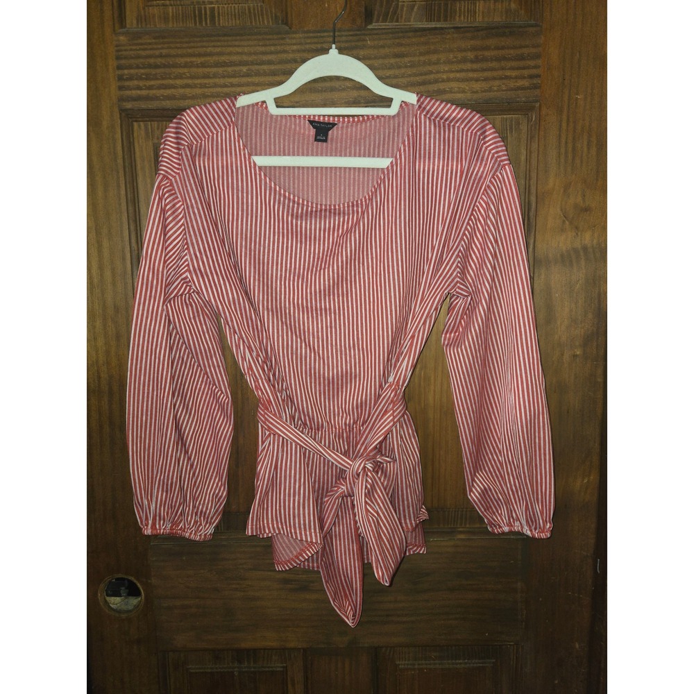 Ann Taylor Red White Striped Tie Waist Peplum Blouse Scoop Neck Bishop Sleeve - Picture 2 of 4